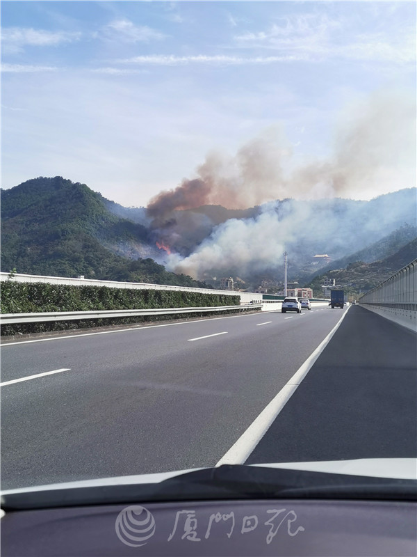 厦沙高速凤溪隧道出口附近突发山火,夜间救援队逆火出征!